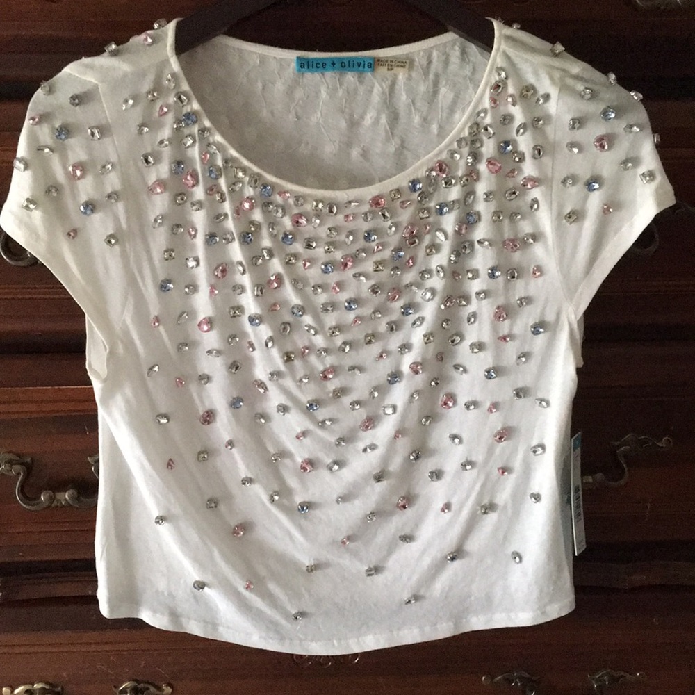 NWT Alice + Olivia Vintage Y2K White Top With All Over Gem Crystals Small $297